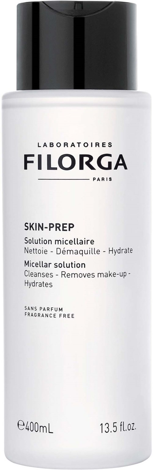 A white skin-prep bottle with a black cap, labeled with French and English descriptions, 400ml size, fragrance free.