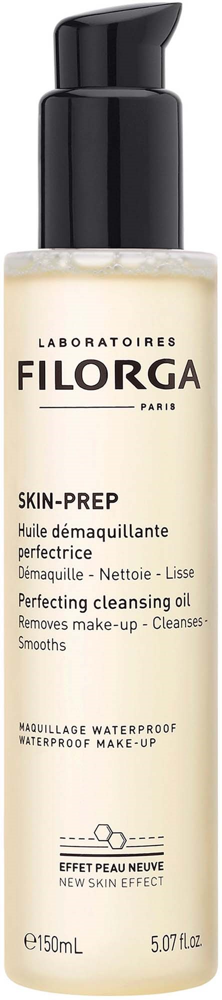 A tall bottle of Filorga Skin-Prep perfecting cleansing oil with a black pump cap.