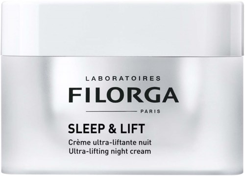 Ein Tiegel mit Filorga Sleep & Lift Nachtcreme, weiße Verpackung mit schwarzem Text, für Hautstraffung und Anti-Aging.
