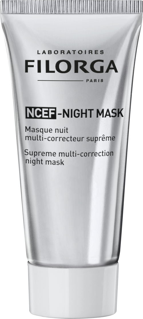 En silver tub med nattmask från Filorga Paris med svart och vitt text, märkt som NCEF-Night Mask.