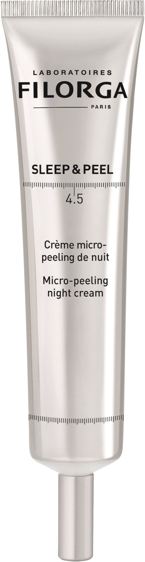 Eine weiße Tube mit schwarzen und grauen Text, die zeigt, dass es sich um eine Schlaf- und Peeling-Nachtcreme von Filorga handelt.