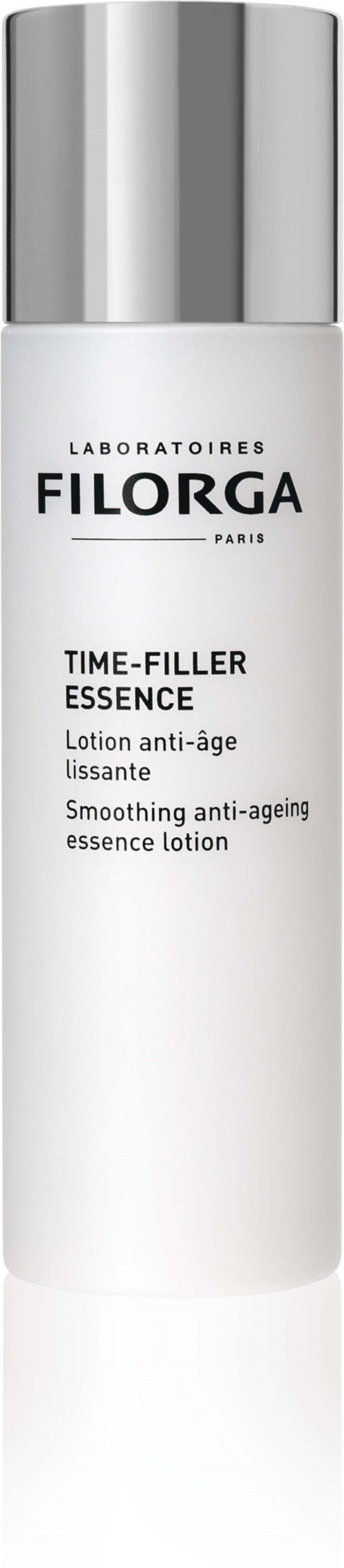 A white bottle with a silver cap labeled 'Filorga Time-Filler Essence' for anti-aging skincare.