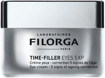 Een kleine pot oogcrème met 'Filorga' en 'Time-Filler Eyes 5 XP' voor het verminderen van tekenen van veroudering rond de ogen.