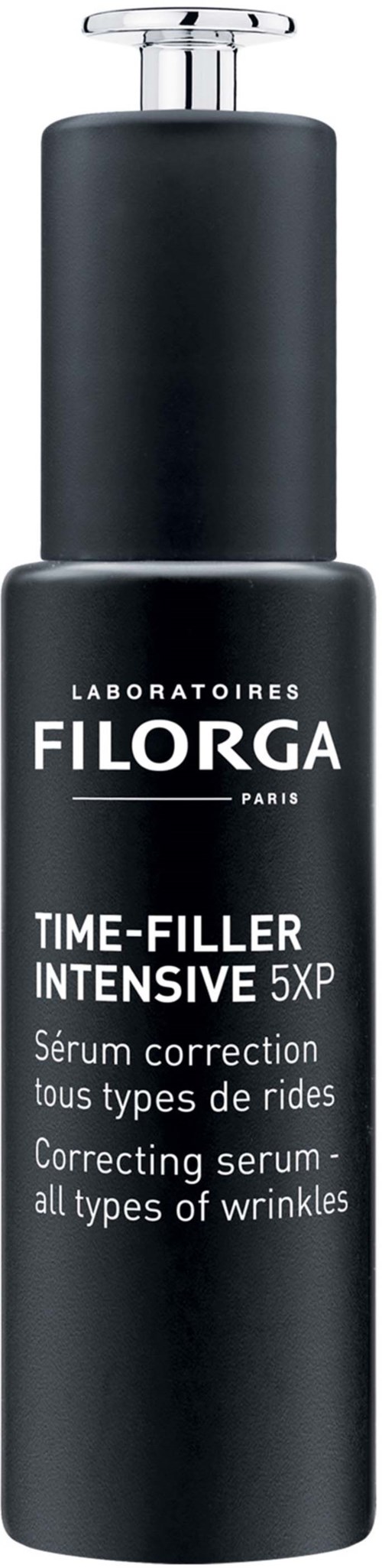 A black bottle of FILORGA Time-Filler Intensive serum for wrinkles, with white text and a pump dispenser.