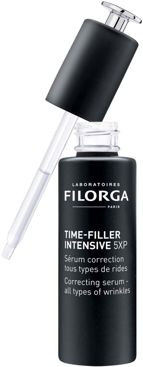 A black bottle of Filorga Time-Filler Intensive serum with a dropper for application.