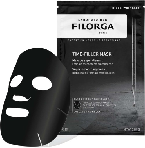 Ein schwarzer Gesichtspass und ein graues Packet mit weißem und schwarzem Etikett, beworben wird eine super-glättende Kollagen-Gesichtsmaske.