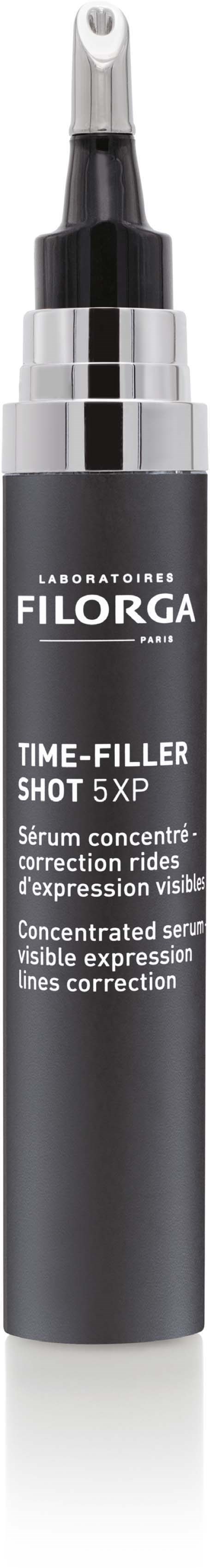 A black and white pen-shaped bottle with a cap, labeled 'Filorga Time-Filler Shot 5 XP'.