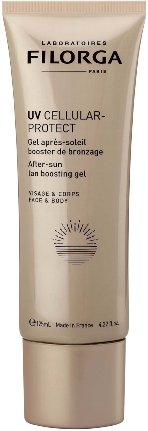 Eine Tube mit Haut- und Körpersaft für nach-Sonnen-Glanz mit SPF-Schutz von Filorga. Einfaches und elegantes Design.