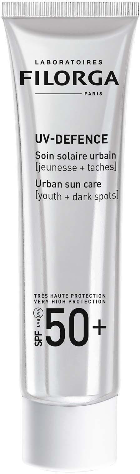 Eine Tube Sonnencreme mit UV-Defence, SPF 50+ für Stadtsonnenschutz, für Jugendliche und dunkle Flecken.