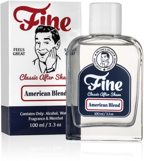 A bottle of aftershave with a retro label and a box showing a smiling man, labeled "American Blend."