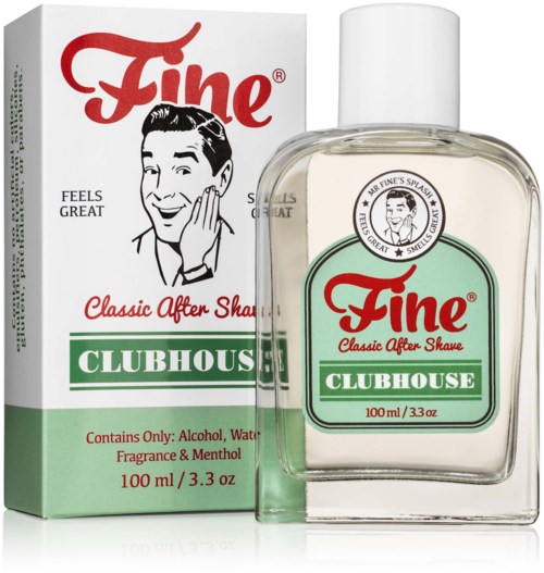 A bottle of after shave lotion with a box, labeled 'Fine Classic After Shave Clubhouse,' contains alcohol, water, fragrance, and menthol.