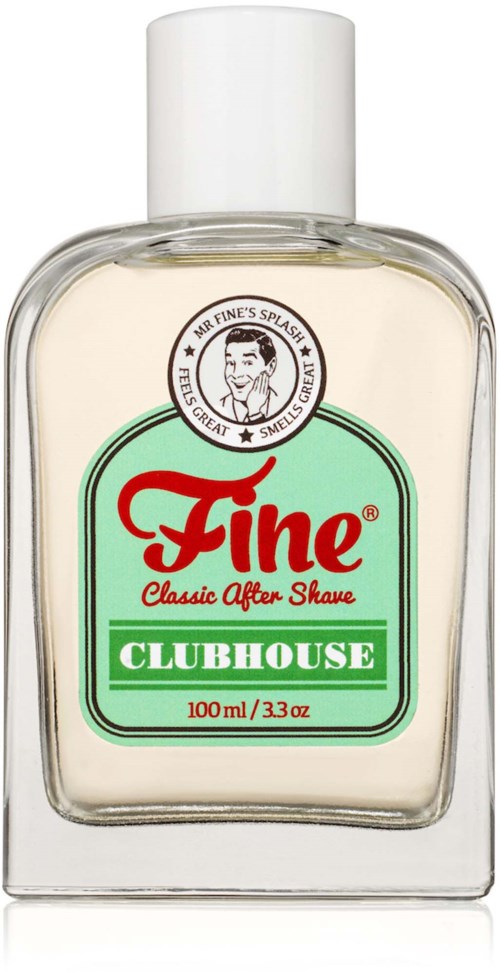 A clear bottle of aftershave with a white cap, labeled "Fine Classic After Shave CLUBHOUSE" in green and red.