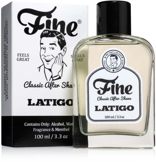 A bottle of after shave lotion with a black cap, label with a man’s face, and a white box showing product details.