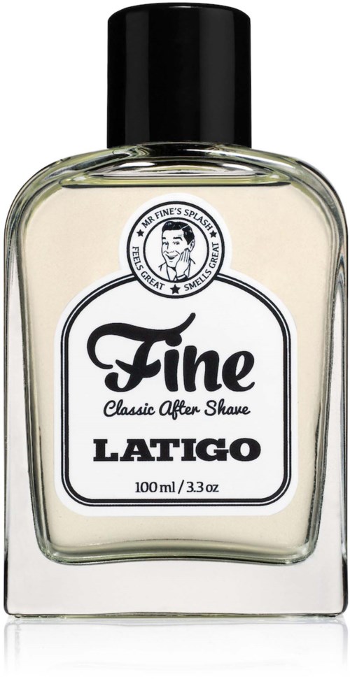 A clear glass bottle with a black cap, labeled 'Fine Classic After Shave LATIGO', 100 ml.