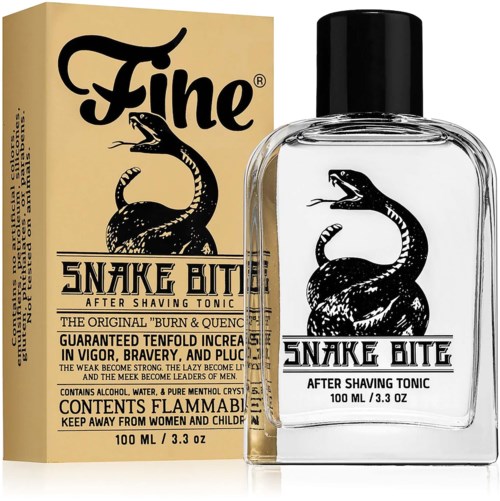 A box with a snake illustration, a bottle of aftershave tonic, and bold black text about a snake bite remedy.