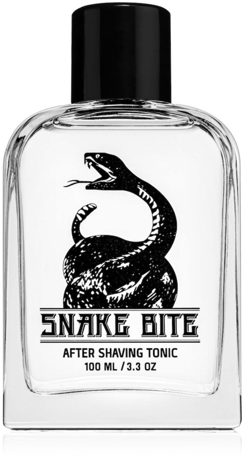 A clear bottle with a black cap, showing a snake illustration and the text 'Snake Bite' and 'After Shaving Tonic.'