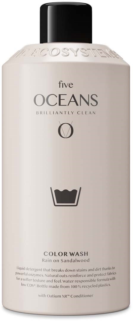 A white bottle with black cap, labeled "five OCEANS" and "Color Wash" for hair, shows a washing symbol.