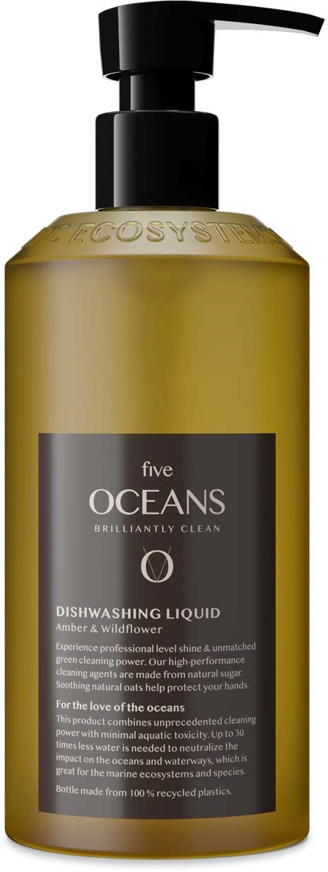 A yellow bottle with a black pump labeled 'five OCEANS' and 'DISHWASHING LIQUID.'
