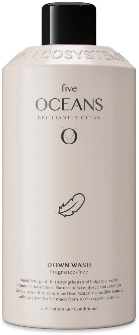 A white bottle with a black cap labeled 'five OCEANS' and 'DOWN WASH'. It has a small feather illustration and describes cleaning qualities.