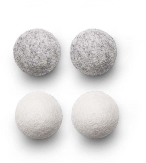 Four felt balls, two gray and two white, arranged in a square on a white background.