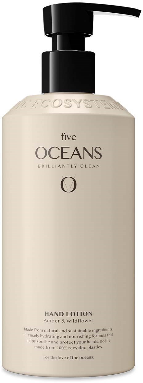 A white lotion bottle with a black pump, labeled "five OCEANS" and "Hand Lotion" in simple text.