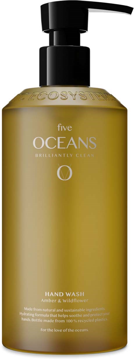 Gold hand wash bottle with black pump, labeled 'Five Oceans' and 'Hand Wash', simple design.