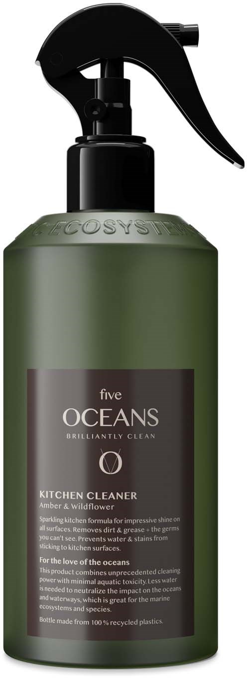A green spray bottle labeled "Five Oceans Kitchen Cleaner" with a black spray nozzle.