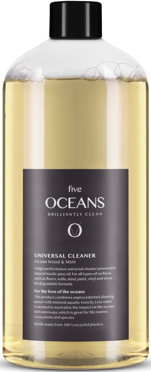 A clear bottle with black cap, containing yellow cleaning liquid, labeled 'Five Oceans Universal Cleaner'.