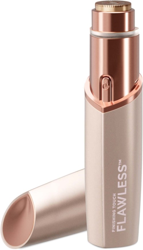 En liten, elegant handhållen enhet i vitt och roséguld färg, märkt Flawless. Det verkar vara ett elektronikskönhetsverktyg.