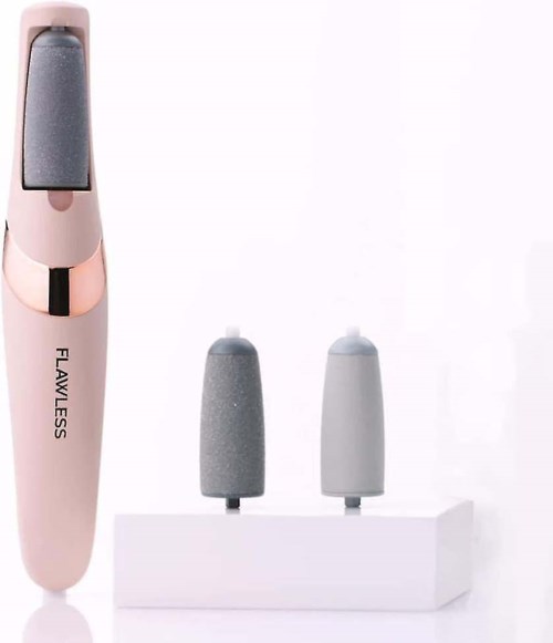 En rosa elektrisk nässhårtrimmare med två extra huvuden på en vit stand.