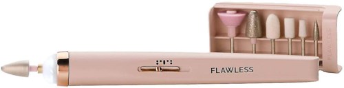 En rosa elektrisk nagelbits med olika tillbehör i ett rosa fall.
