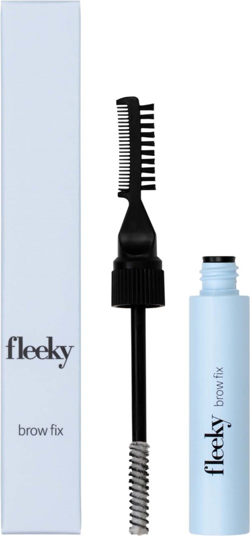 Een wenkbrauw fix product met borstel, tube en verpakking die 'fleeky' zegt.