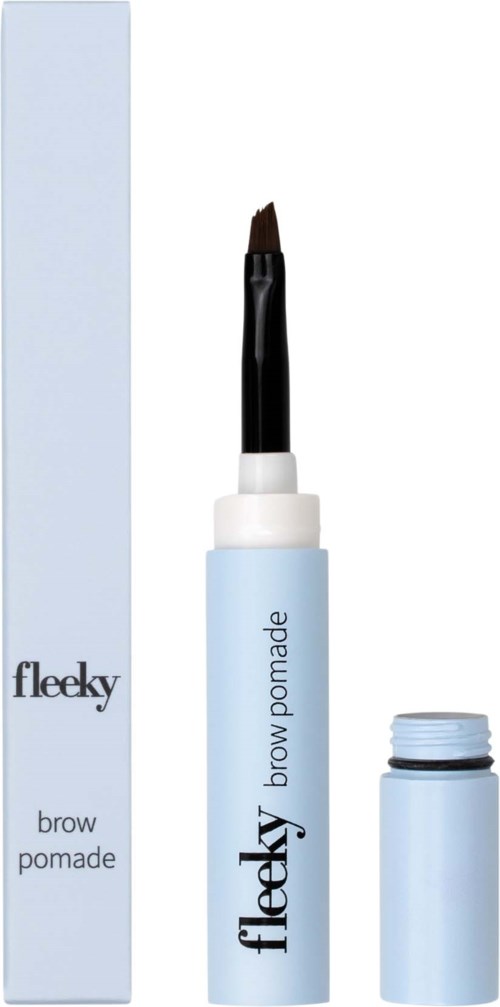 Blauwe en witte tube met wenkbrauwpomade, kap eraf om de borstel te tonen. Doos staat ernaast.