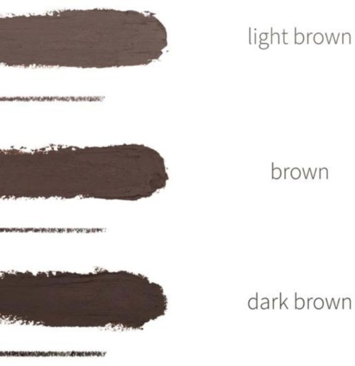 Verschillende tinten bruin verfstaaltjes gelabeld lichtbruin, bruin en donkerbruin.