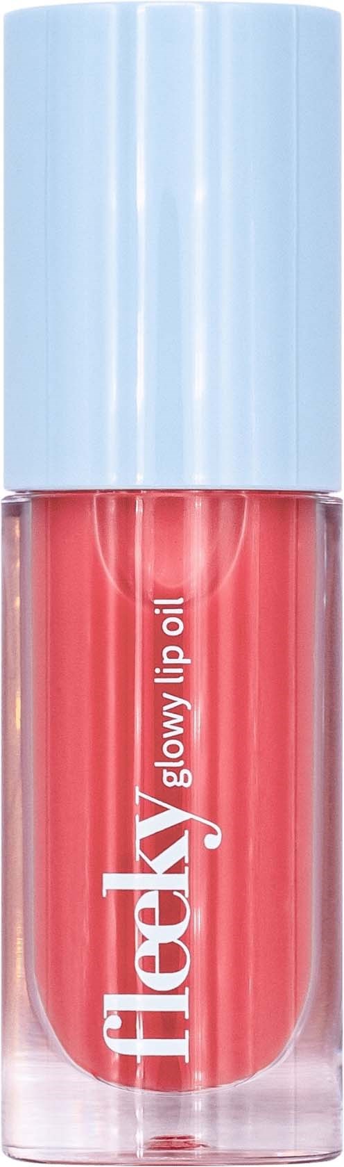 En flaska med rosa läppglans med en blå kork och orden "flexi glossy lip oil" på.
