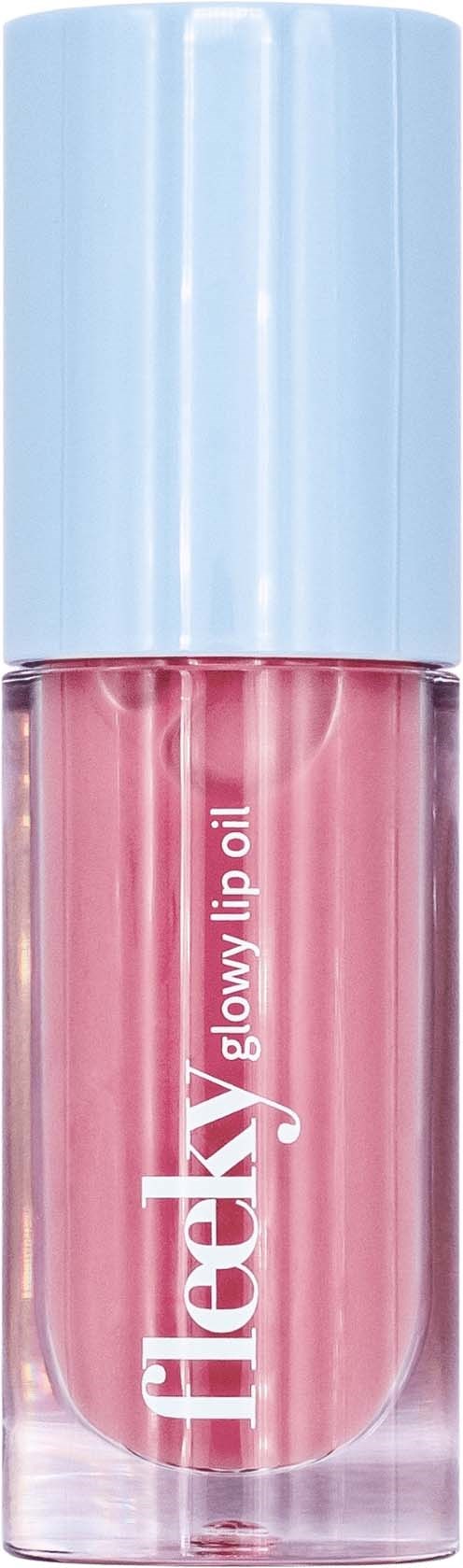 En rosa läppglans i en klar behållare med en ljusblå kork, märkt 'Flexy glowing lip oil'.