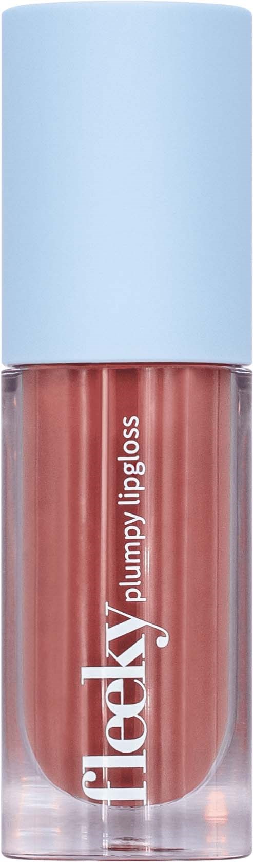 Een nagellakfles met blauwe dop en roze vloeistof, gemerkt 'flexiby plumpy lipgloss'.