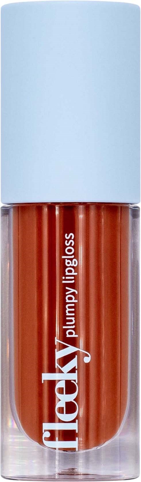 En läppstift i genomskinlig behållare med ljusblått lock, rödbrun färg och märket Flexi. Text: Plumpy Lipgloss.