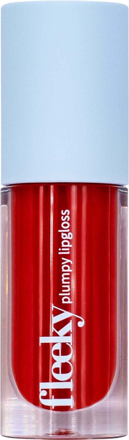 Rode lipgloss in doorzichtige tube met wit deksel en de merknaam 'flexy plumply lipgloss'.