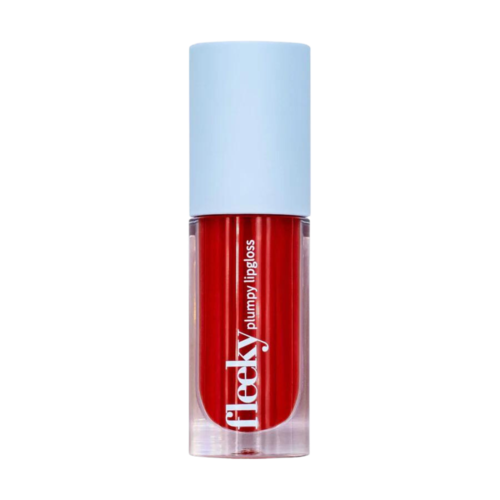 Rood lippenstift in doorzichtig flesje met witte dop, gelabeld 'flexy' en 'Plumpy Lips'.