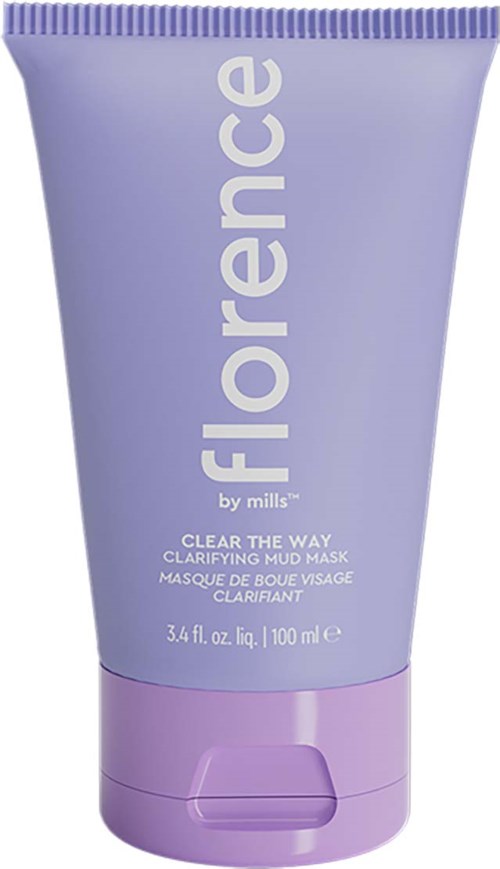 En lila tub märkt Florence by Mills med 3,4 fl oz av Clarifying Mud Mask för hudrensning.