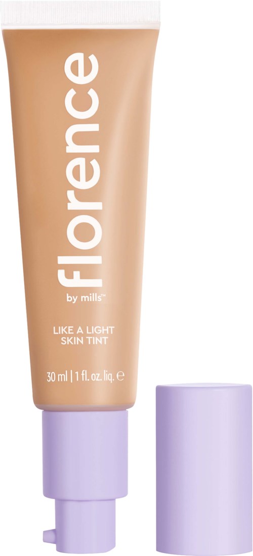En tub med lätt hudfärgade makeup med lila lock, märkt 'Florence by mills', 30 ml storlek.