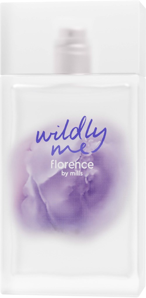 Hajuvesipullo, jossa valkoinen korkki ja violetti akvarellityyli, tekstit 'wildly me' ja 'florence by mills'.