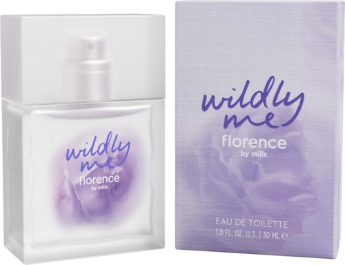 En parfyllflaska och förpackning i lila och vitt, märkt 'Wildly Me Florence by Mills,' parfym för kvinnor.