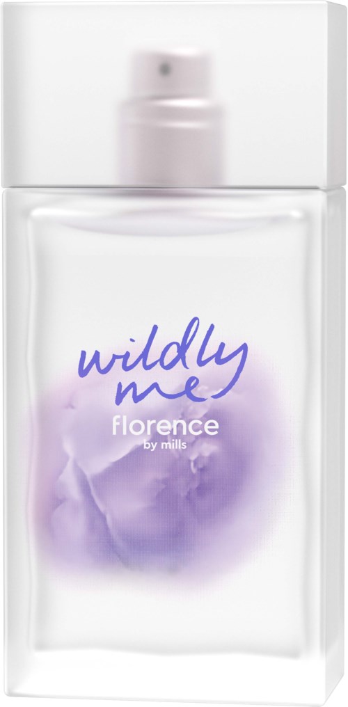 En klar parfyllflaska med vit topp, lila blommor och orden 'Wildly Me Florence by Milly'.