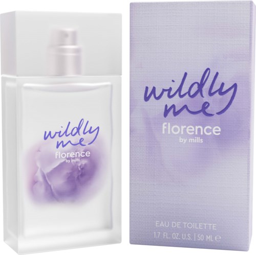 En parfyllflaska och förpackning märkt 'Wildly Me Florence by Mills' med lila text och lavendeldesign.