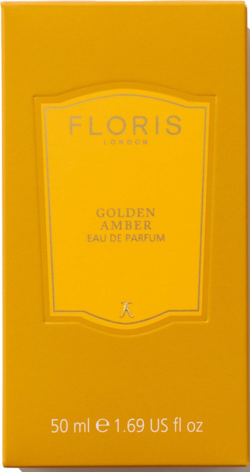 Jasnożółte opakowanie perfum z złotym napisem "Floris London, Golden Amber, Eau de Parfum" i szczegółami rozmiaru.