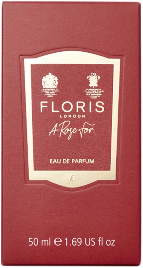 Rote Parfümbox mit der Aufschrift 'Floris London A Rose For Eau de Parfum, 50 ml, 1.69 US fl oz'.
