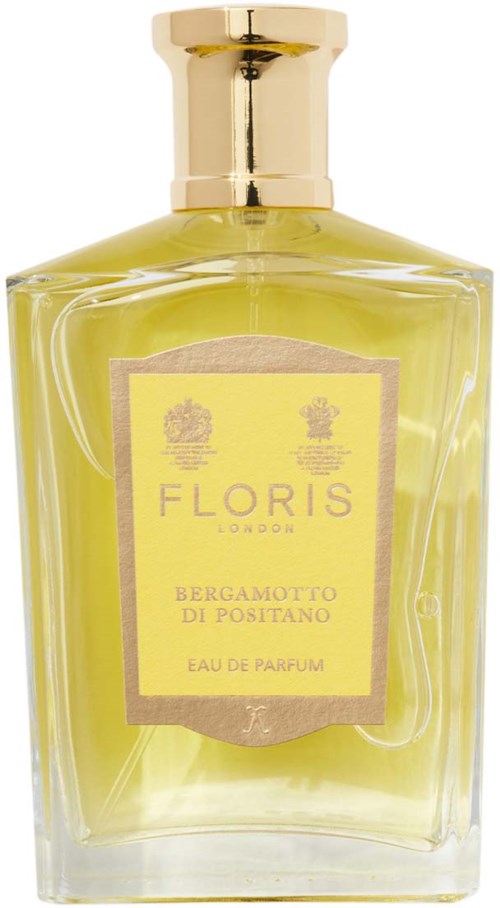 Een gele parfumfles met een gouden dop, met de tekst "FLORIS LONDON" en "BERGAMOTTO DI POSITANO."