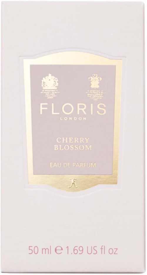 Een witte doos met een lavendel label voor Floris Cherry Blossom parfum, 50 ml, Parissymbolen aan de bovenkant.
